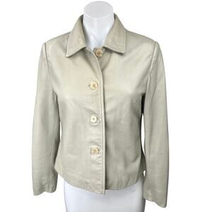 Rem Garson Women's Beige Leather Button Down Collar Long Sleeve Coat Jacket S